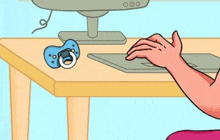 a cartoon of a person sitting at a desk with a pacifier and a computer .