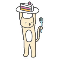 a cartoon cat is holding a fork and a piece of cake on a plate