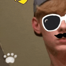 a man wearing sunglasses and a mustache is taking a selfie .