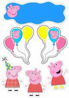 a set of peppa pig cake toppers with balloons and a blue cloud .