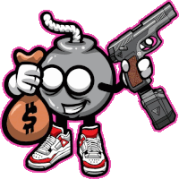 a bomb holding a gun and a bag of money