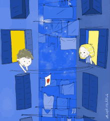 a cartoon of a boy and a girl looking out of a window