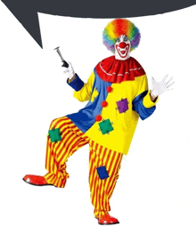 a clown with a rainbow wig is holding a nail