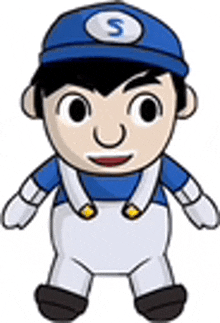 a cartoon character wearing a blue hat and white pants is a stuffed animal .