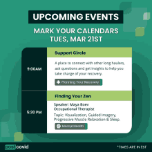 an advertisement for upcoming events including a support circle and finding your zen