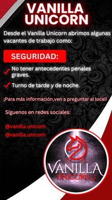 an advertisement for vanilla unicorn in spanish with a red circle in the middle