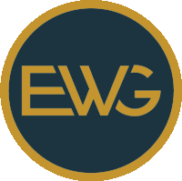 a blue and gold logo for ewg