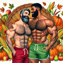 a painting of two men standing next to each other with a basket of fruit and vegetables in the background