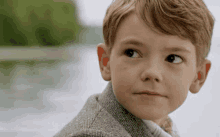 a young boy in a suit and tie is looking at the camera with a river in the background .