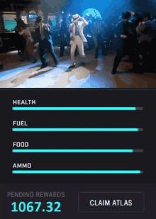 a screenshot of a video of a man dancing with the claim atlas button at the bottom