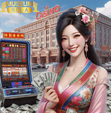 a woman is smiling in front of a slot machine that says museum bola casino