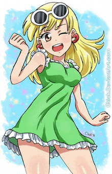 a drawing of a girl wearing sunglasses and a green dress by chickdeviantart.com