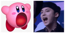 a picture of kirby next to a man with his mouth open