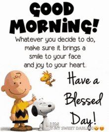 a picture of snoopy and charlie brown with a good morning message