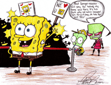 a drawing of spongebob and a sign that says we love u