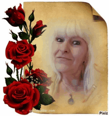 a picture of a woman surrounded by red roses has pixiz written on the bottom