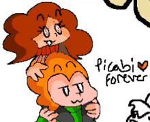 a pixel art drawing of a girl sitting on a boy 's shoulders with the words " picabl forever " written below them