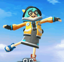 a cartoon character wearing glasses and a yellow jacket stands on one leg