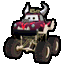 a cartoon monster truck with horns on top of it is driving on a white background .