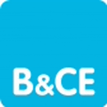 a blue square with the words b & ce in white letters on it .