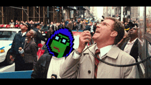 a man in a trench coat is talking on a phone with a pixelated image of a man with glasses behind him