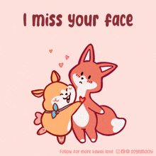 a cartoon of a dog and a fox hugging with the words " i miss your face " above them