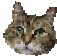 a pixelated drawing of a cat 's face with green eyes