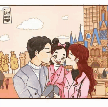 a man and a woman kissing a little girl in front of a castle .