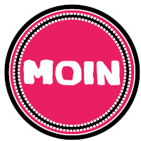 a pink circle with the word moin written in white