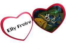 a heart shaped mirror with a picture of a butterfly and the name elly freire