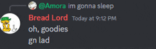 a screenshot of a discord conversation between amora and bread lord at 9:12 pm