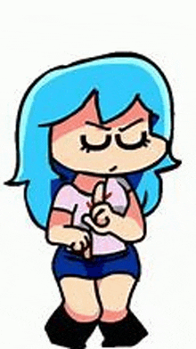 a cartoon girl with blue hair and a pink shirt is standing with her eyes closed .