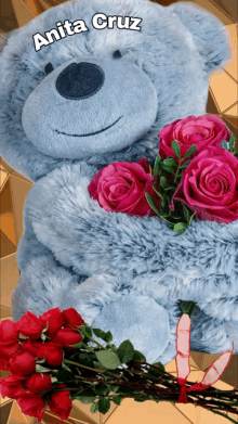 a teddy bear holding a bouquet of pink roses with the name anita cruz