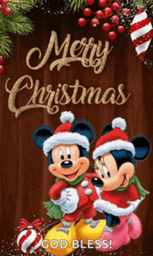 a christmas card with mickey mouse and minnie mouse