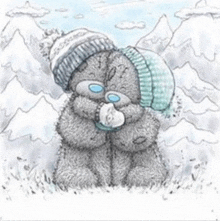 a teddy bear wearing a hat and scarf is hugging another teddy bear .