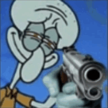 a squidward from spongebob squarepants is pointing a gun at the camera .