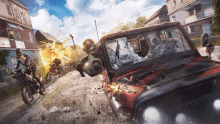 a jeep with a broken windshield is driving down a dirt road