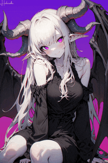 a demon girl with white hair and purple eyes is sitting down