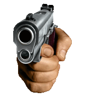 a close up of a hand holding a gun with the barrel pointing at the camera