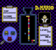 a video game called dr. mario with a magnifying glass and a bottle