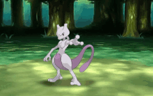 a purple and white pokemon with a purple tail is standing in the grass in a forest .