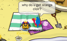 a cartoon scene with a speech bubble saying why do u get orange cloir