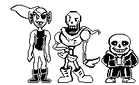 undertale papyrus and sans are standing next to each other in pixel art .