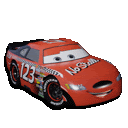 a red race car from the movie cars with the number 123 on the side .