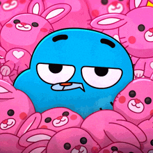 a blue cartoon character is surrounded by pink stuffed rabbits