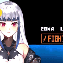 a girl with long white hair and red eyes stands in front of a sign that says zona l fight