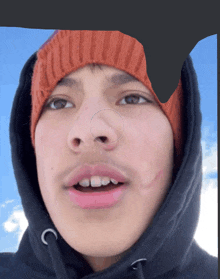 a young man wearing a black hoodie and an orange beanie