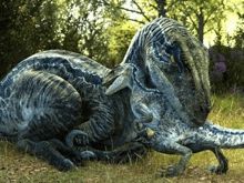 a couple of dinosaurs laying in the grass looking at each other