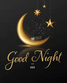 a black background with a gold crescent moon and stars and the words good night