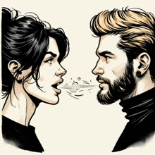 a man and a woman are looking at each other and talking .